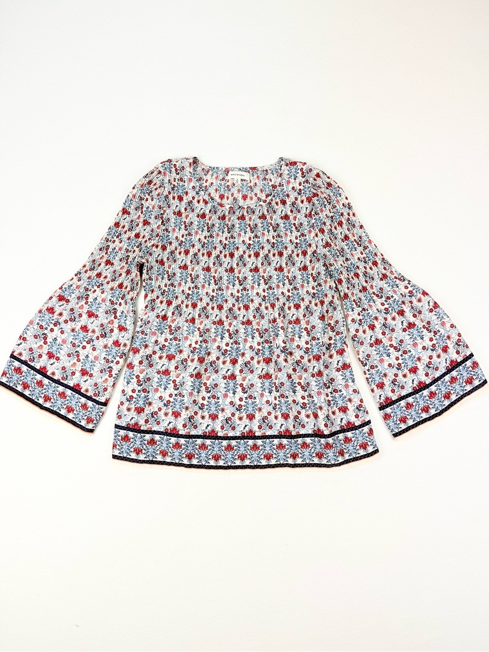 Max Studio Floral Micro Pleated Bell Sleeve Blouse Boho Peasant Top Size Small